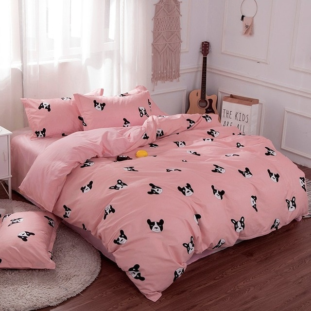 Pink French Bulldog Bedding Set Duvet Cover Sheets And